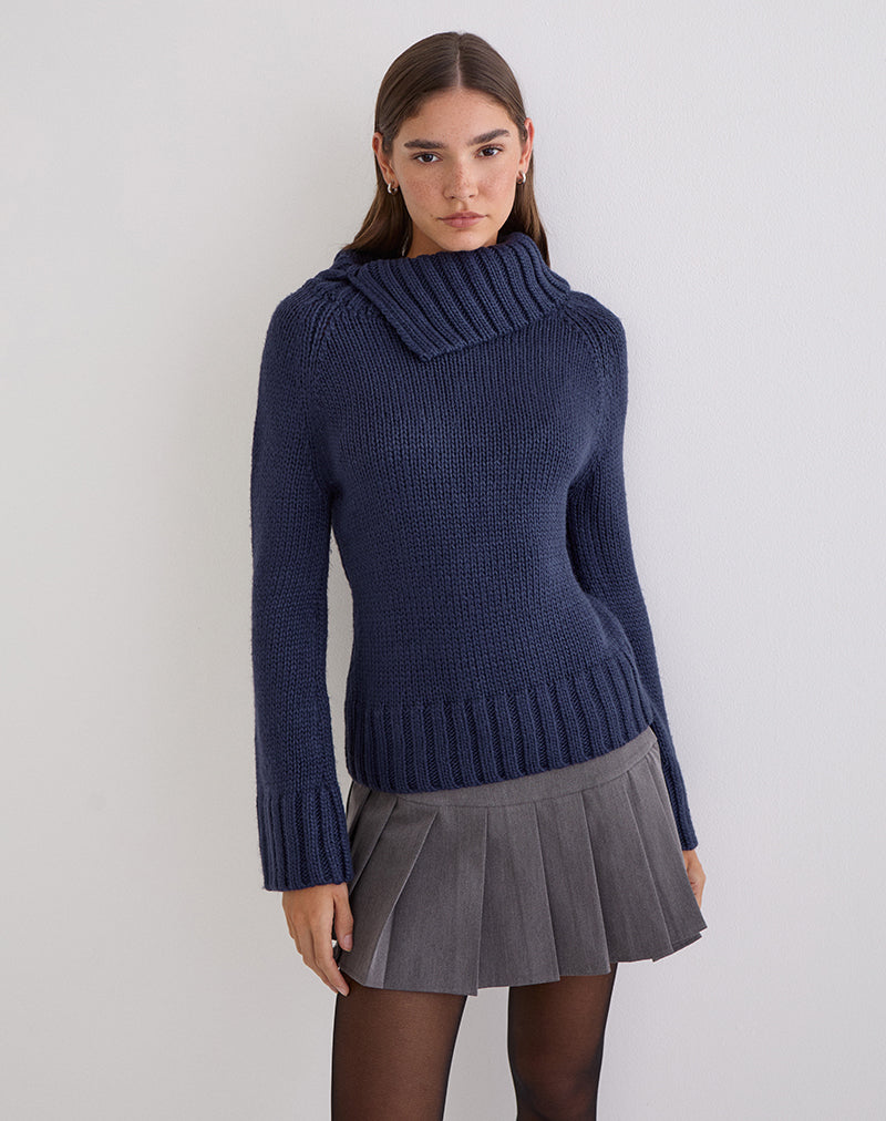 Dajah Fold Over Jumper in Knit Navy