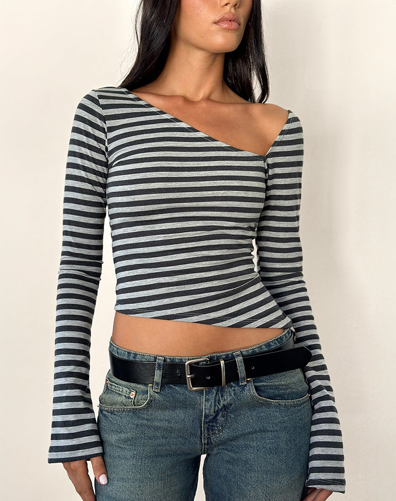 Image de Dalene Asymetric Long Sleeve Top in Grey and Black Stripe