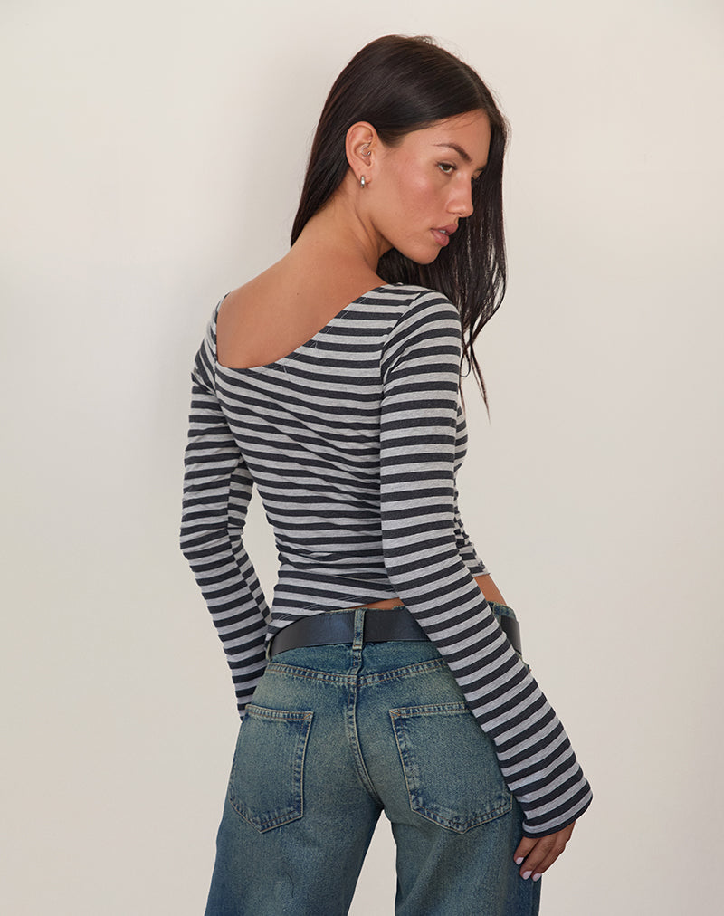 Image de Dalene Asymetric Long Sleeve Top in Grey and Black Stripe