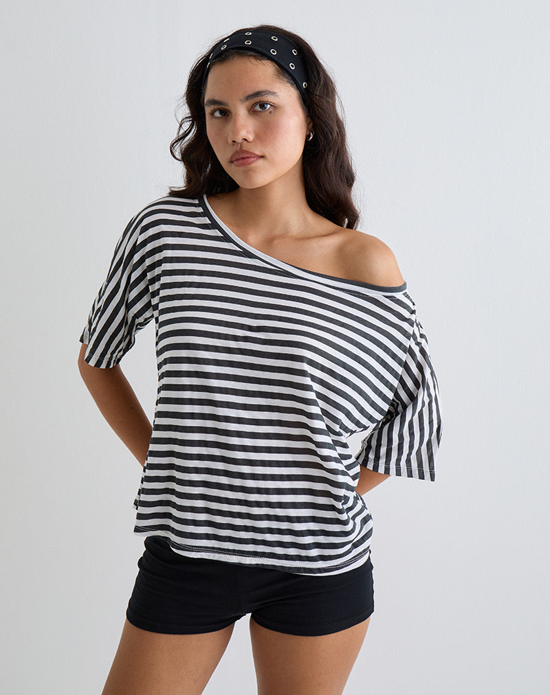 Daman Off Shoulder Basic Top in Ivory with Charcoal Stripe (Top de base à épaules dénudées en ivoire et rayures anthracite)
