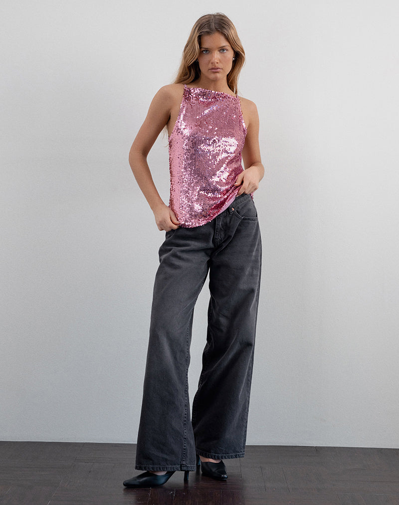 Damske - Top gilet en paillettes roses