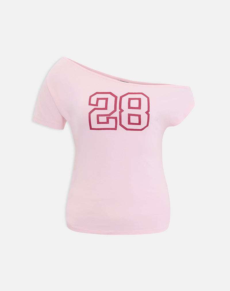 Image du haut à une épaule Danama en jersey de rayonne rose clair avec motif « 28 »