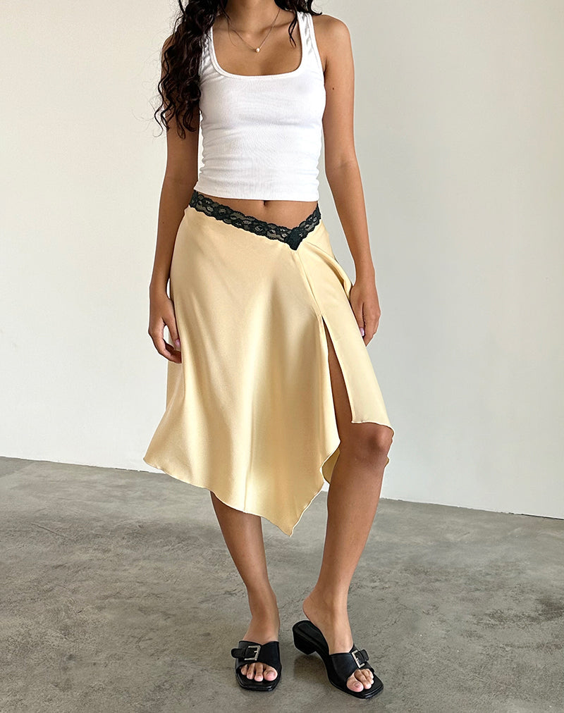 Jupe midi Houda, beige et dentelle grise