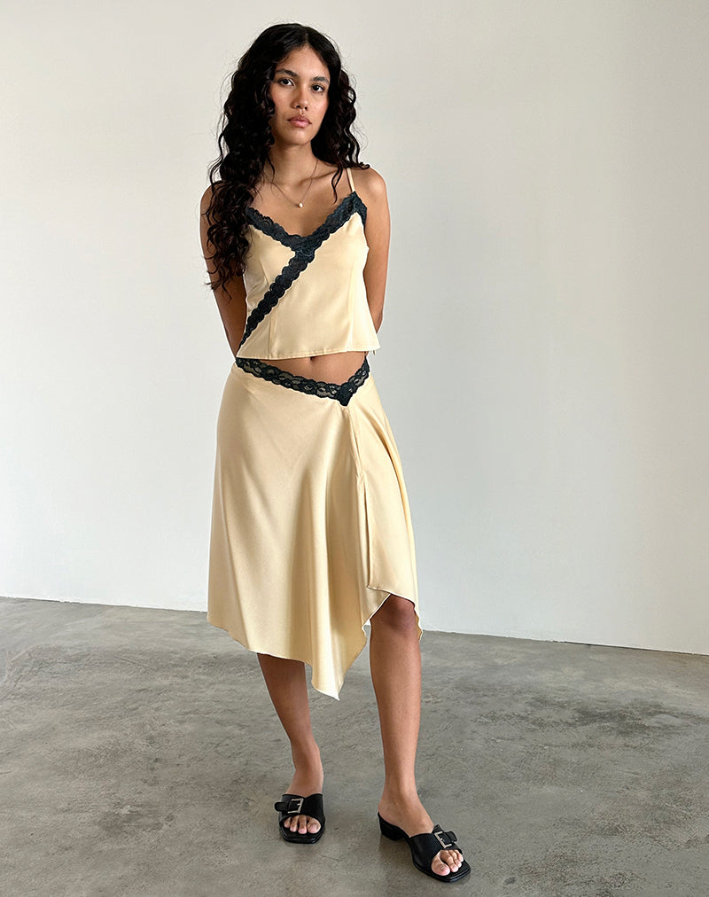 Jupe midi Houda, beige et dentelle grise
