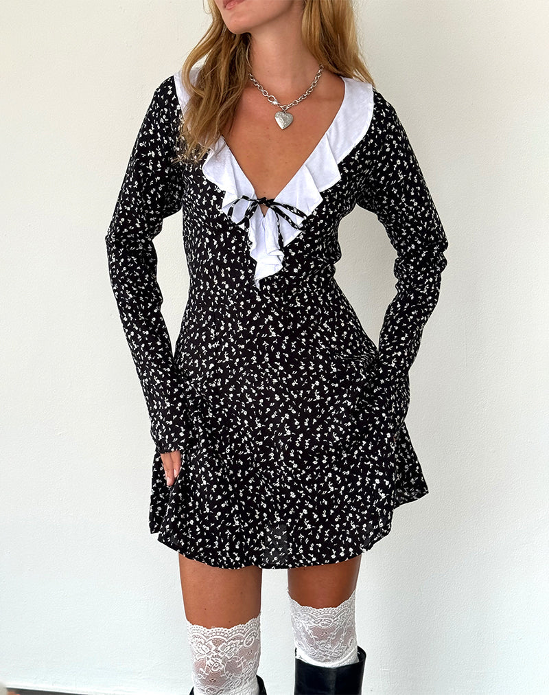 Mini robe à manches longues Darira, Ditsy Romance, noir