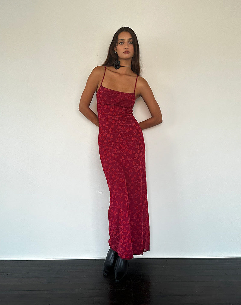 Image de Darsih Cami Maxi Dress Red Grunge Floral Flock