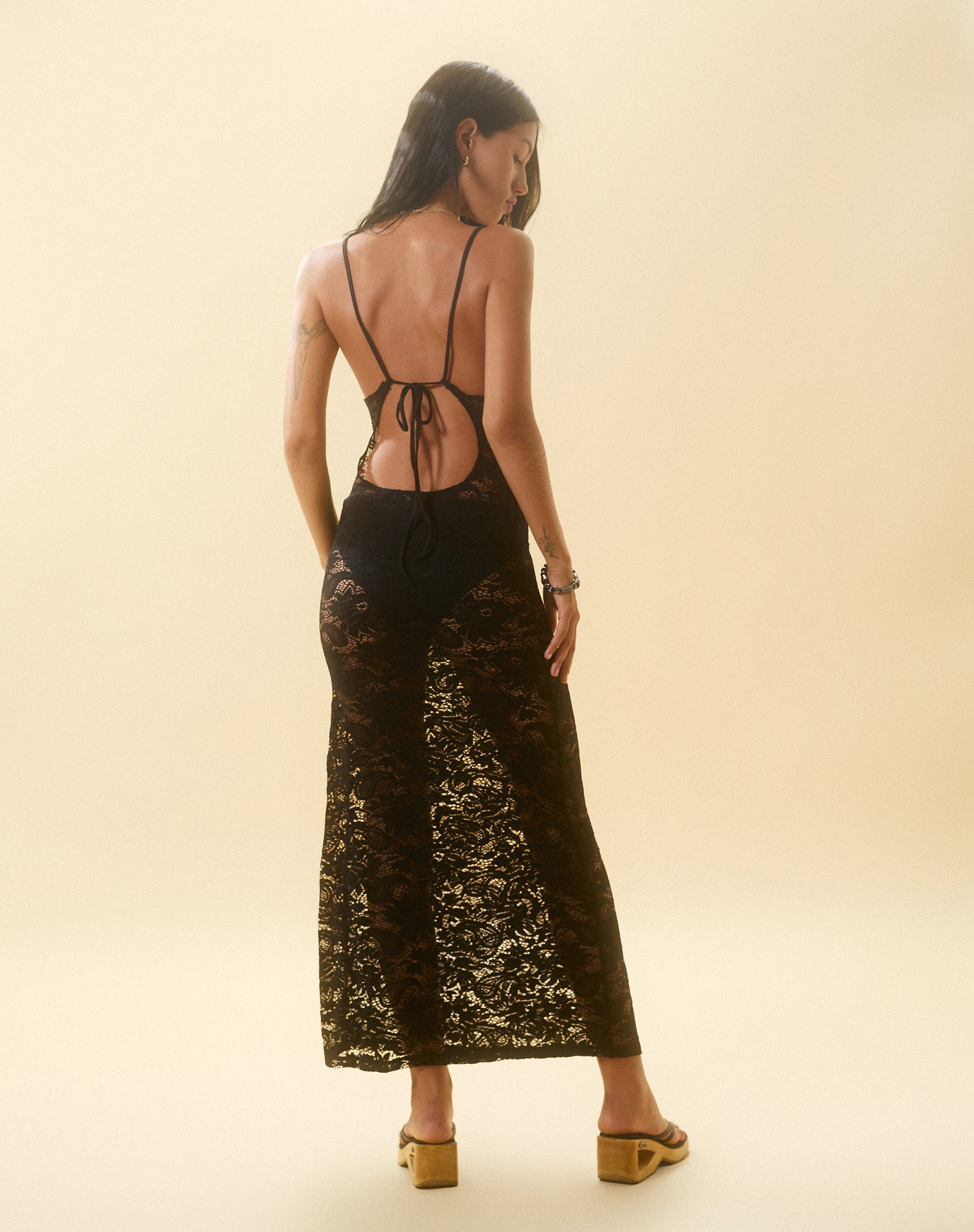 Image pf Daudy Tie Back Lace Maxi Dress in Jet Black Lace