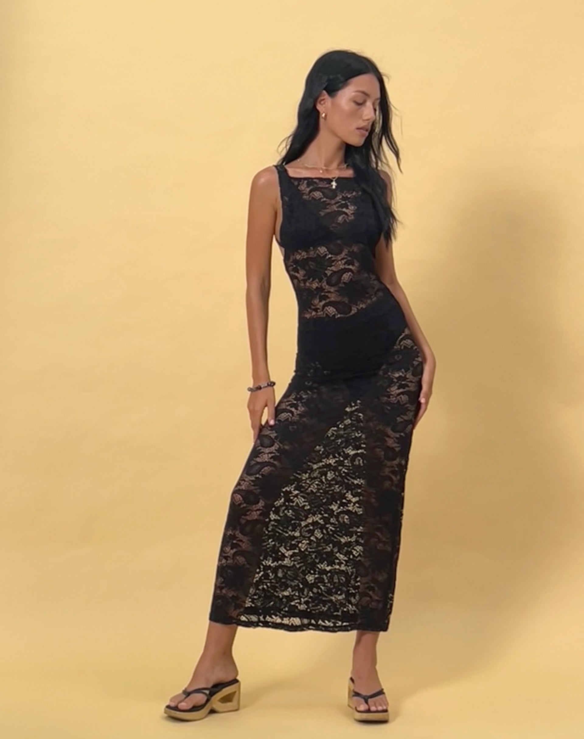Image pf Daudy Tie Back Lace Maxi Dress in Jet Black Lace