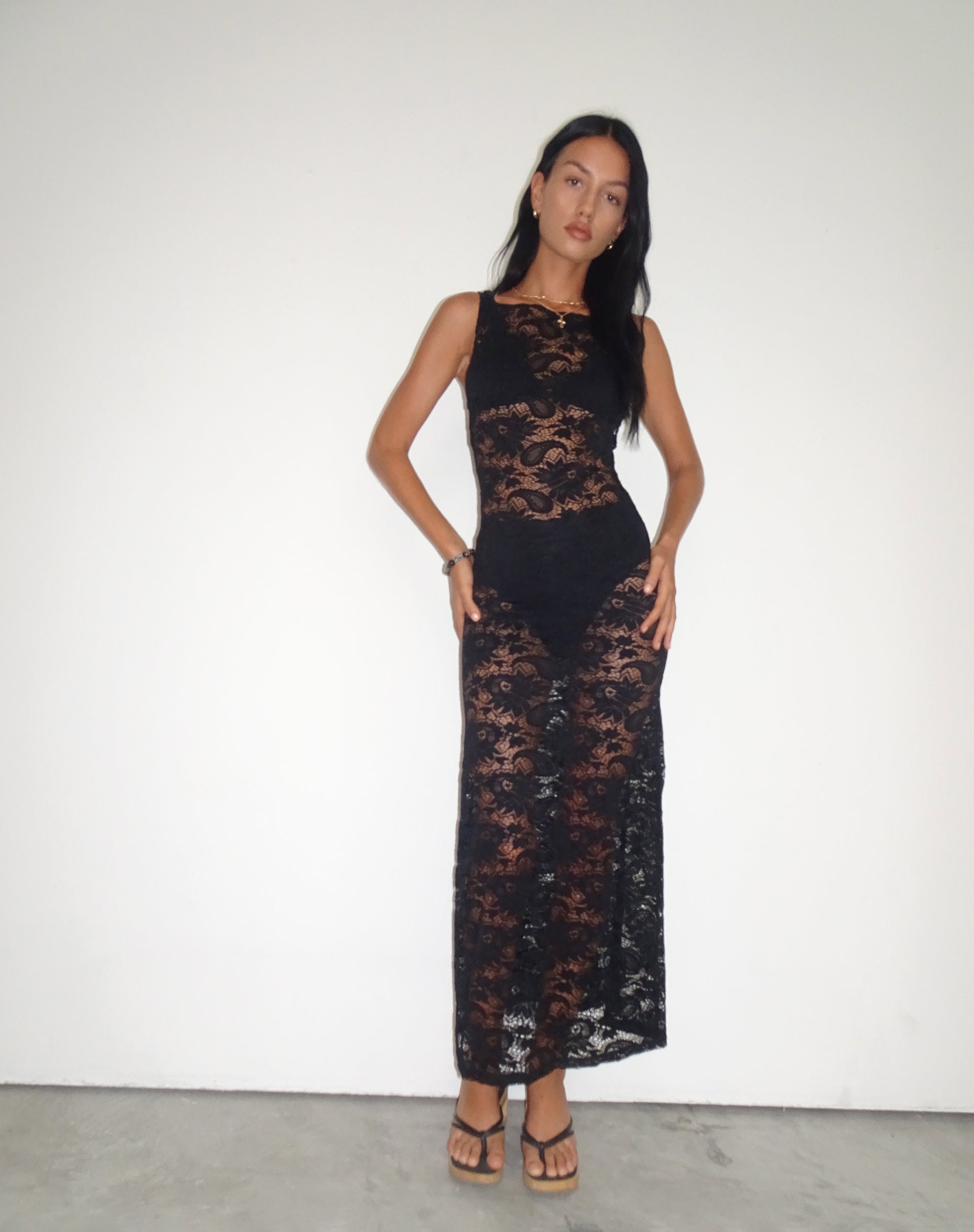 Image pf Daudy Tie Back Lace Maxi Dress in Jet Black Lace