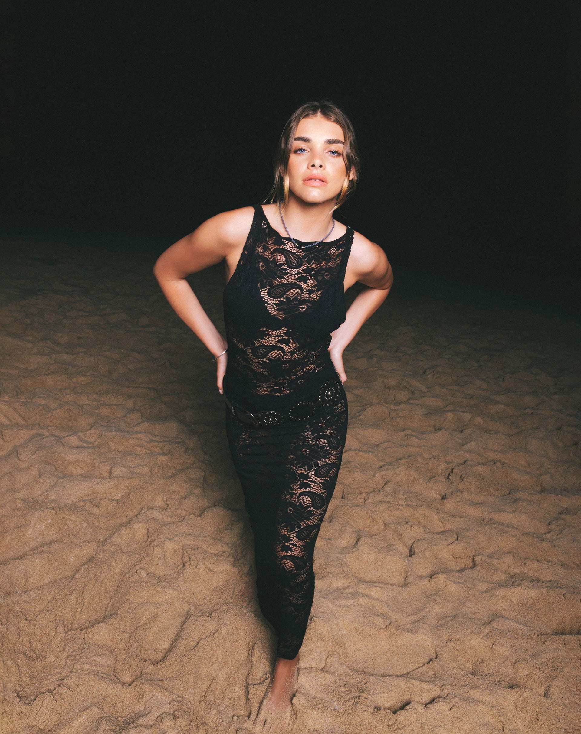 Image pf Daudy Tie Back Lace Maxi Dress in Jet Black Lace