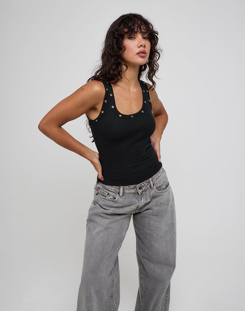 Image de Dax Eyelet Ribbed Vest Top in Black