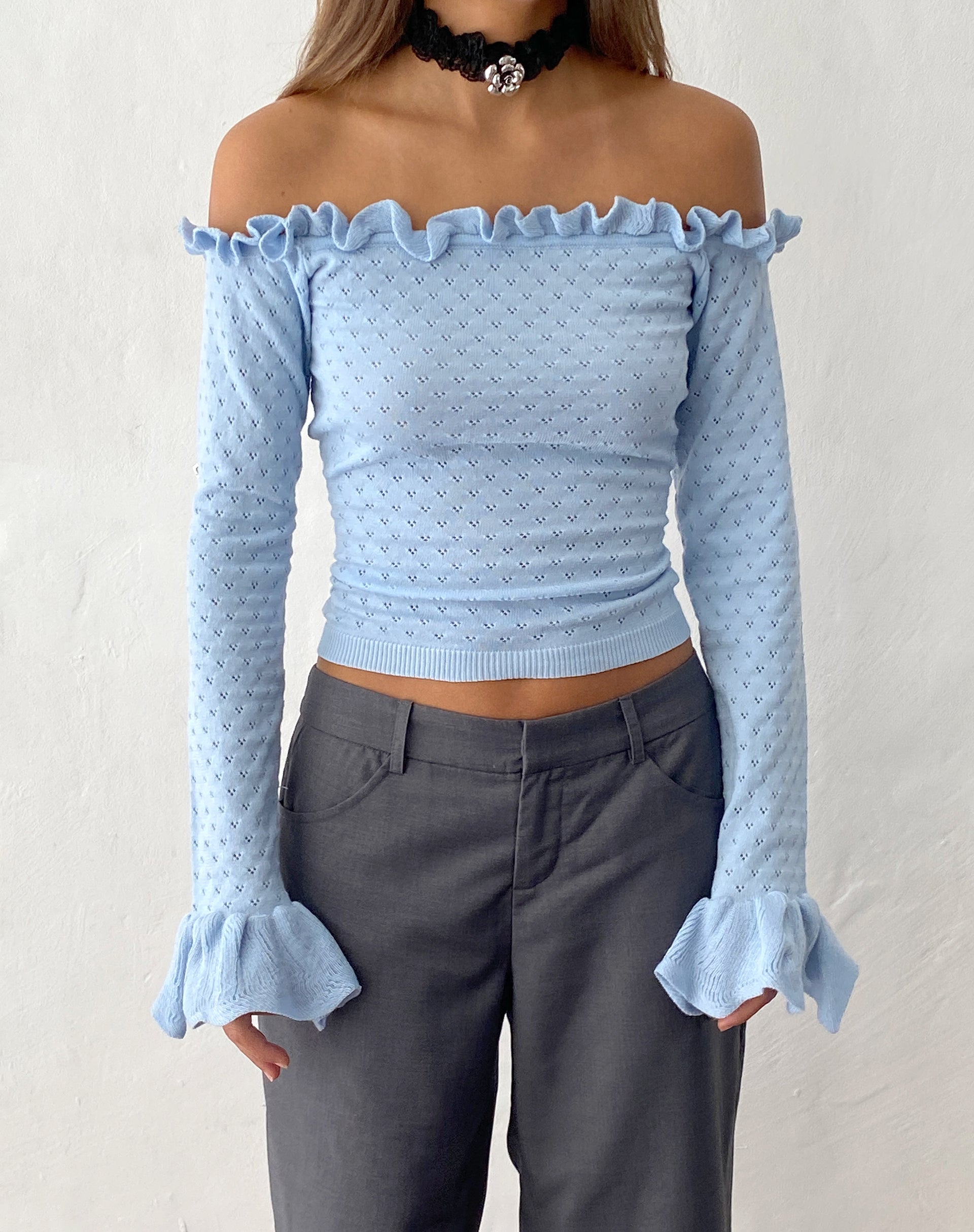 Image of Delaney Knilled Frill Bardot Top in Baby Blue