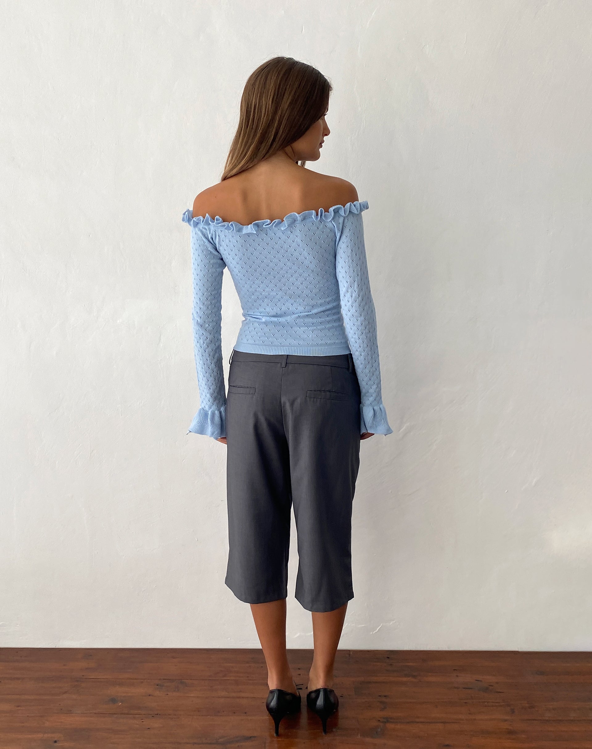 Image of Delaney Knilled Frill Bardot Top in Baby Blue