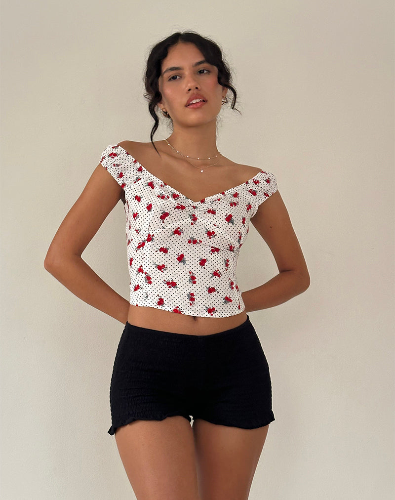 Image de Derige Bardot Top in White Rose Polka
