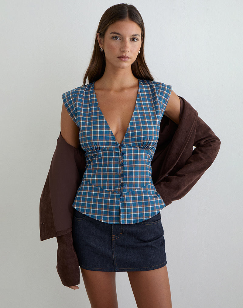 Blouse Devlon en tartan bleu moyen