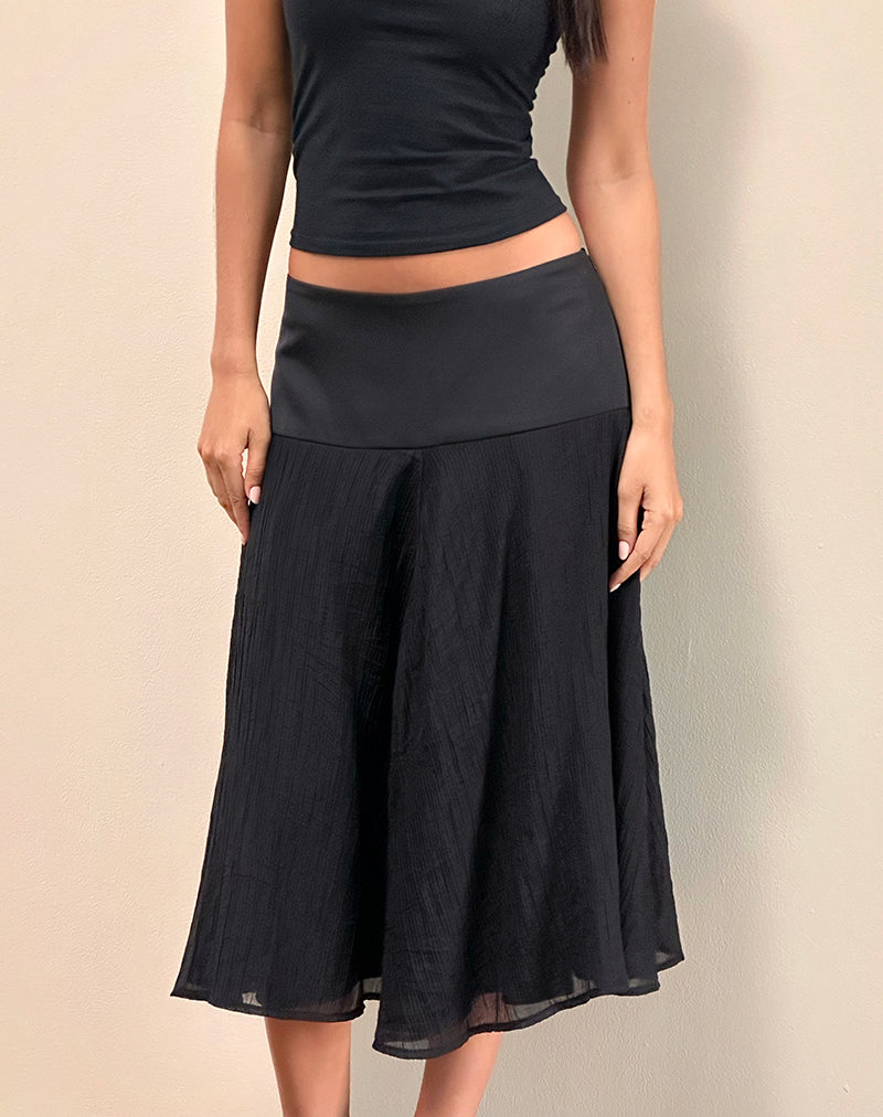 Jupe midi en mousseline de satin Diera, noire
