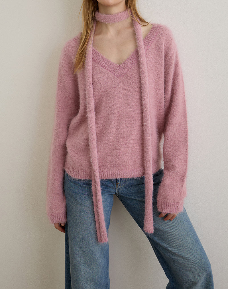 Dikara Jumper with Scarf in Knit Dusty Pink (Pull avec écharpe en tricot)