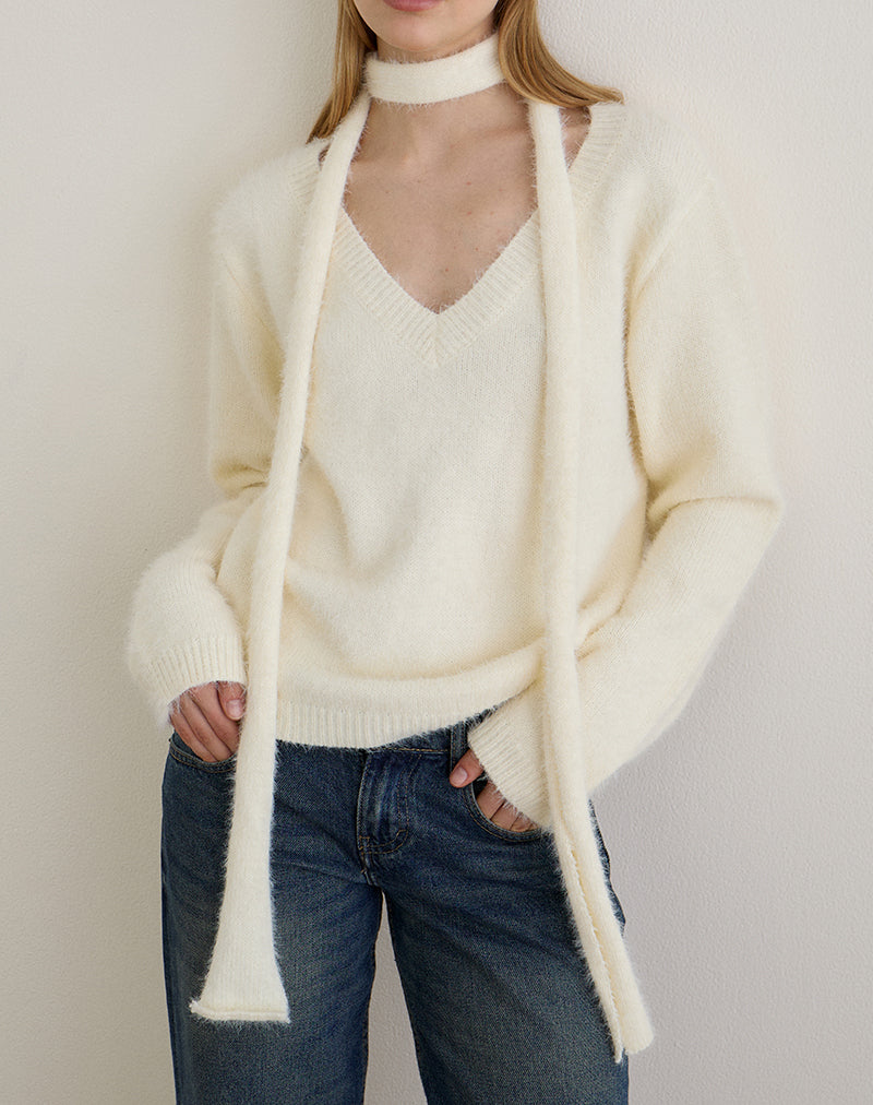 Image de Dikara Pull avec écharpe en tricot blanc cassé