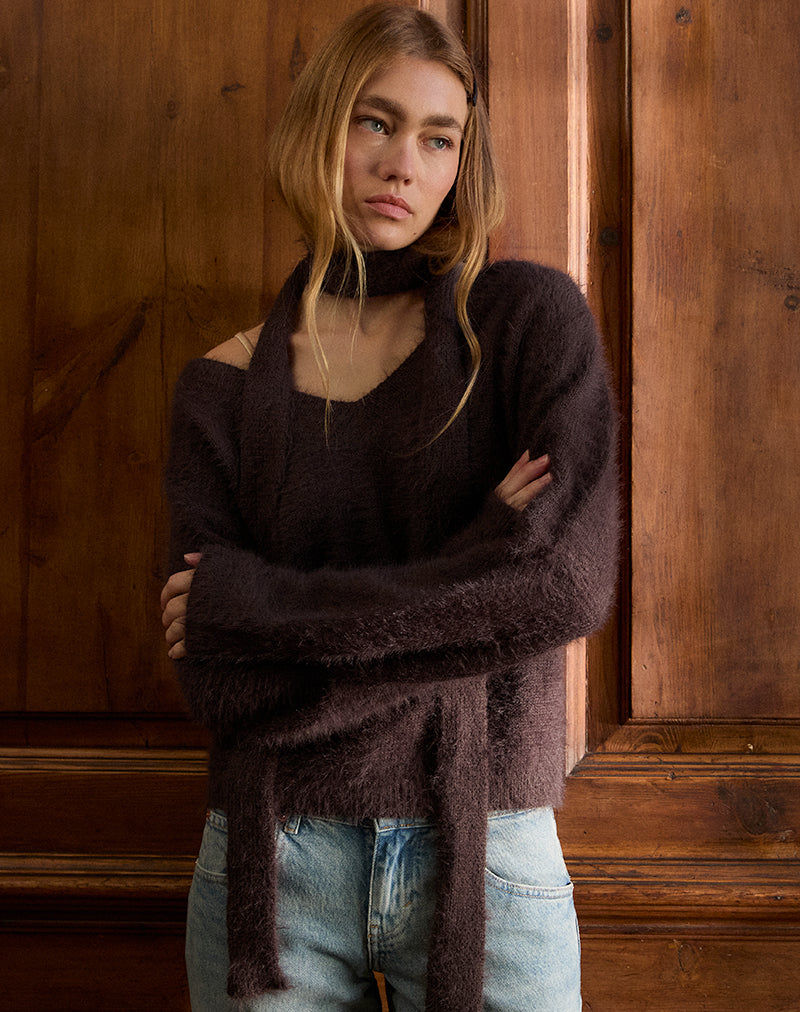 Pull Dikara avec écharpe en tricot marron