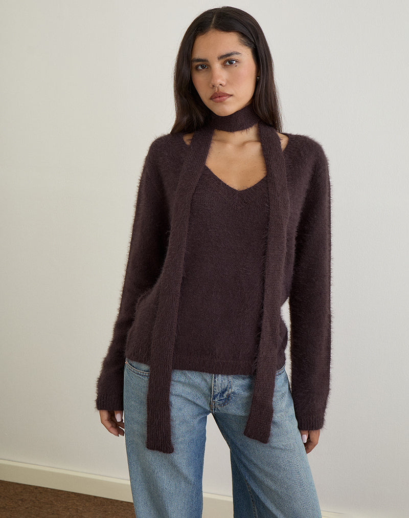 Image de Dikara Jumper avec écharpe en tricot brun