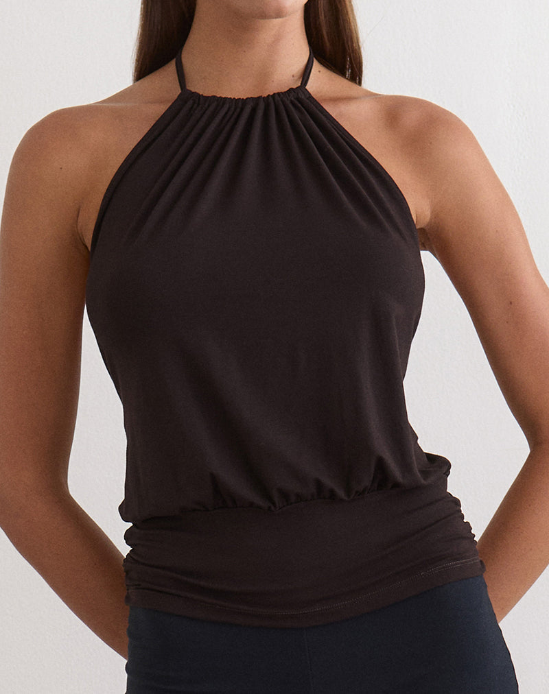 Image of Diraka Halter Neck Top in Rayon Jersey Chocolate Brown