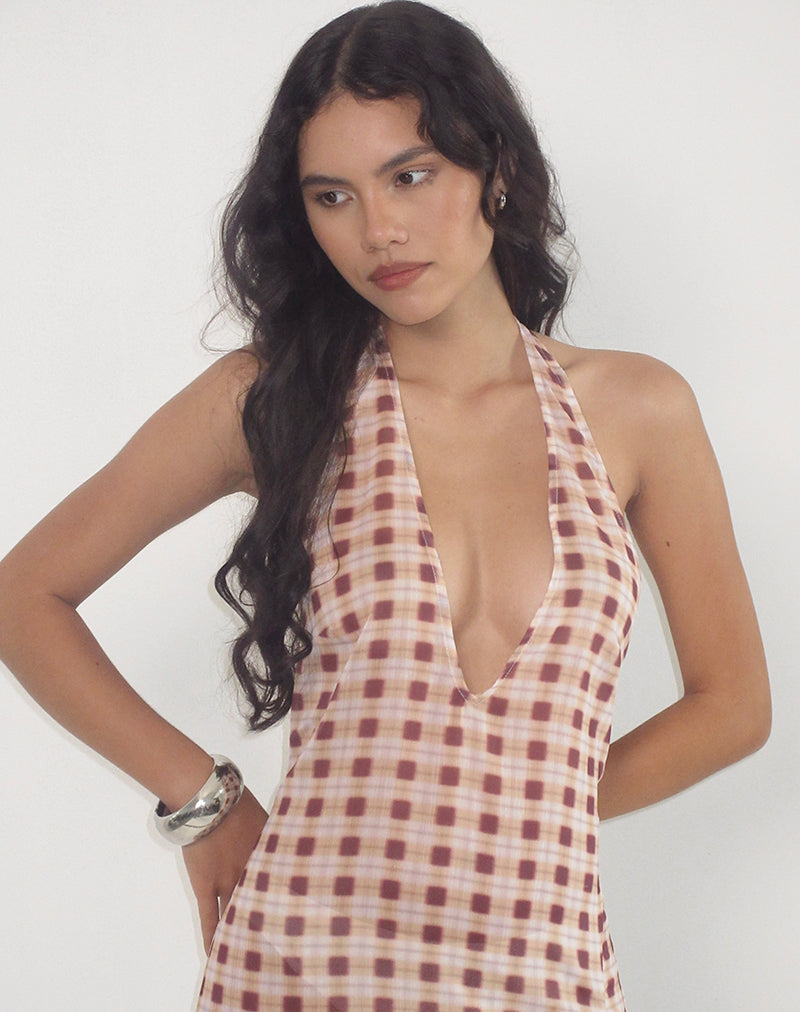 Driti Maxi Dress in Chiffon Blurred Check Peach (Robe longue en mousseline à carreaux flous)