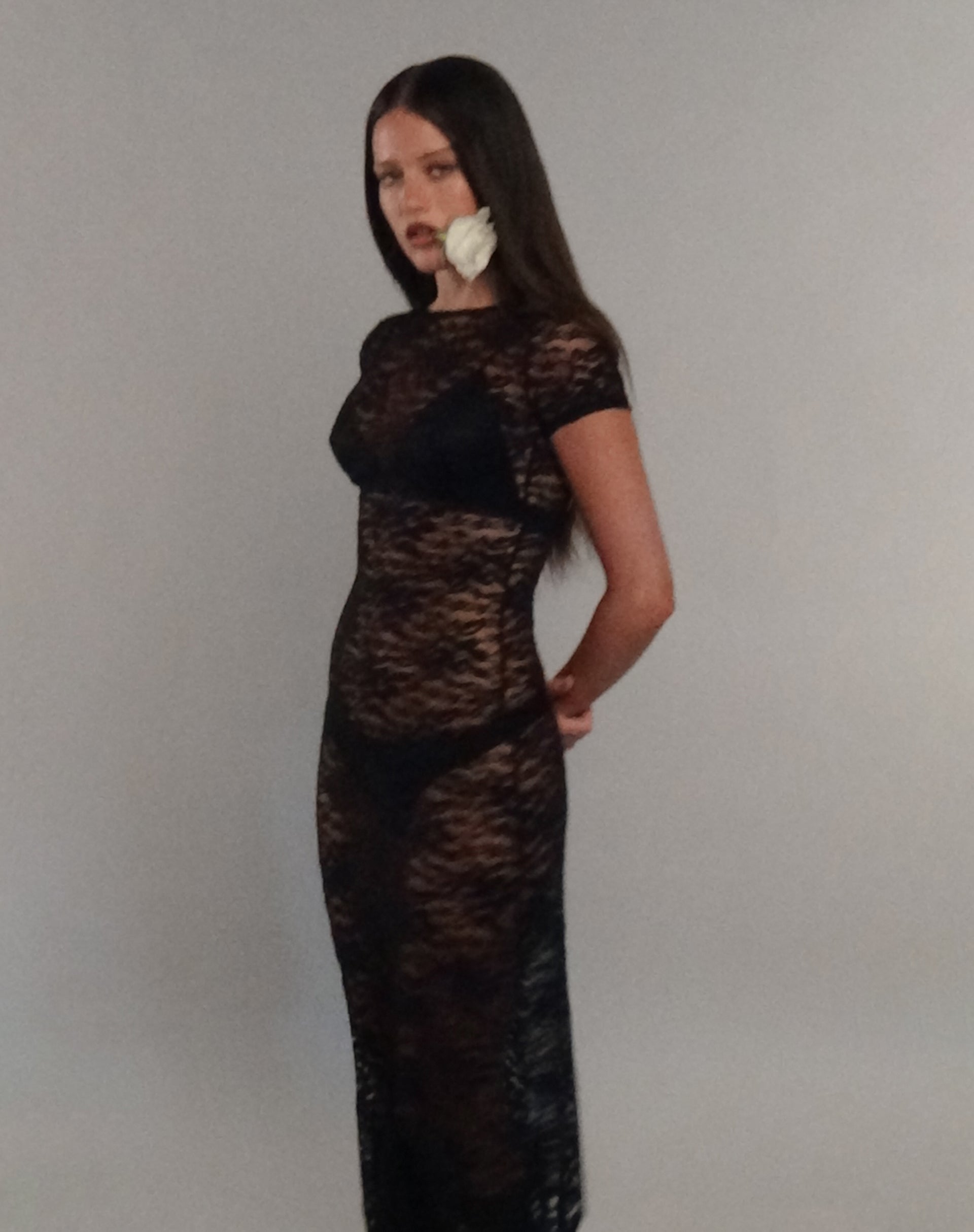 Image of Detrie Low Back Lace Midi Dress in Jet Black Lace