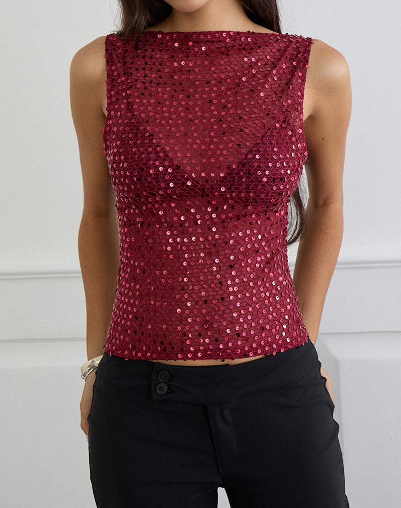 Dudley - Top gilet en maille pailletée - Bourgogne