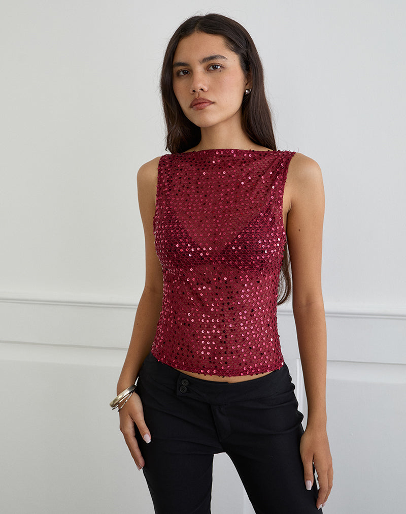 Dudley - Top gilet en maille pailletée - Bourgogne