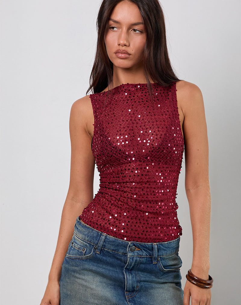 Image of Dudley Vest Top in Sequin Knit Burgundy