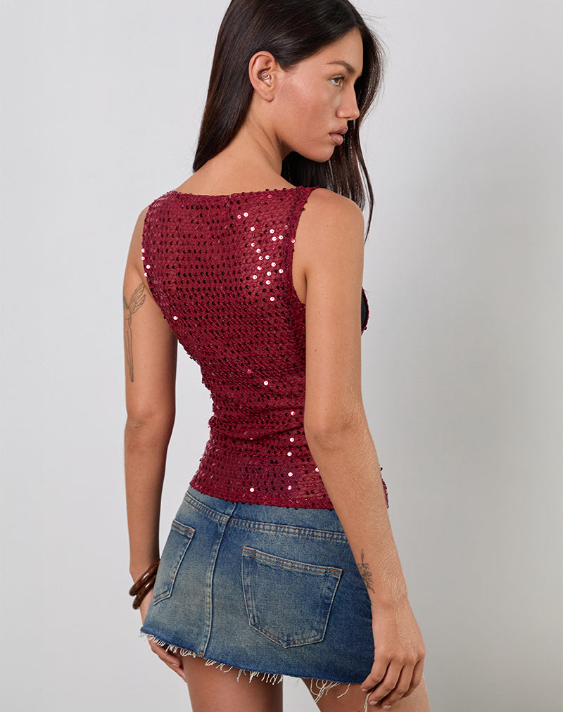 Image of Dudley Vest Top in Sequin Knit Burgundy
