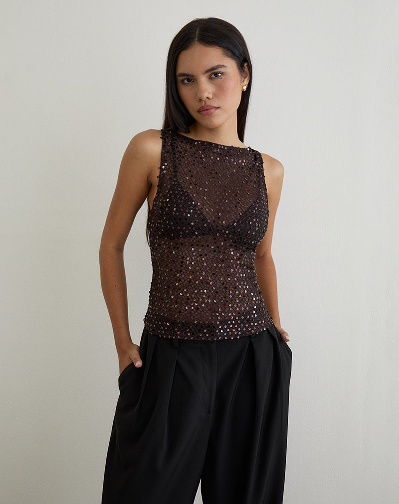 Image of Dudley Vest Top in Sequin Knit Coffee