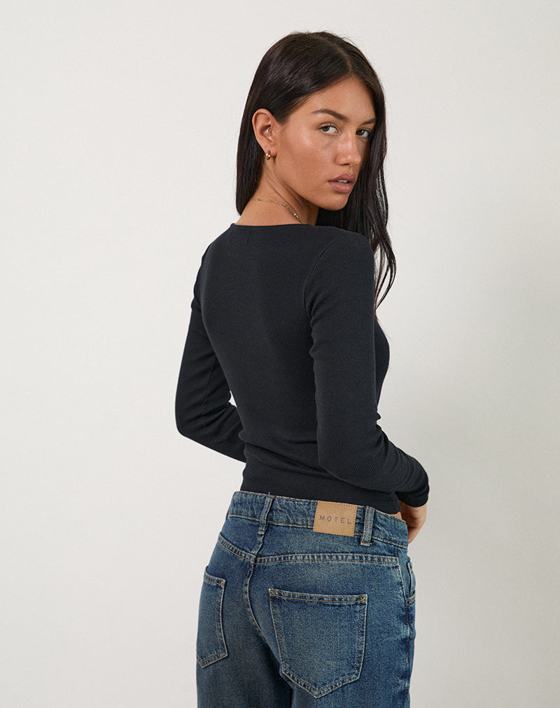 Image de Dulcet Ribbed Plunge Long Sleeve Top in Black