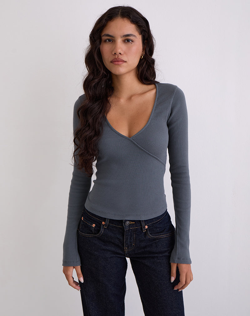 Image de Dulcet Ribbed Plunge Long Sleeve Top in Blue Granite
