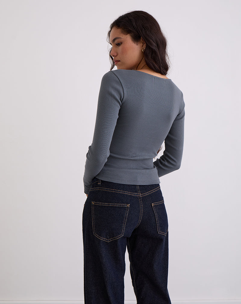 Image de Dulcet Ribbed Plunge Long Sleeve Top in Blue Granite