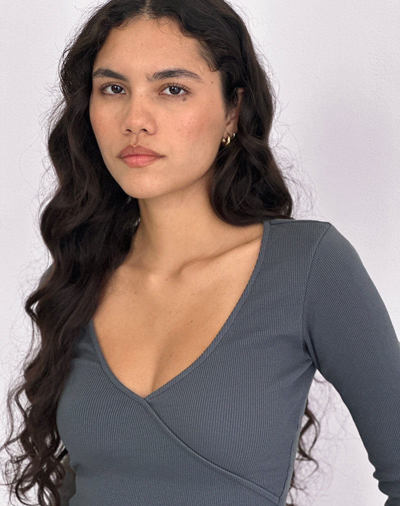 Image de Dulcet Ribbed Plunge Long Sleeve Top in Blue Granite