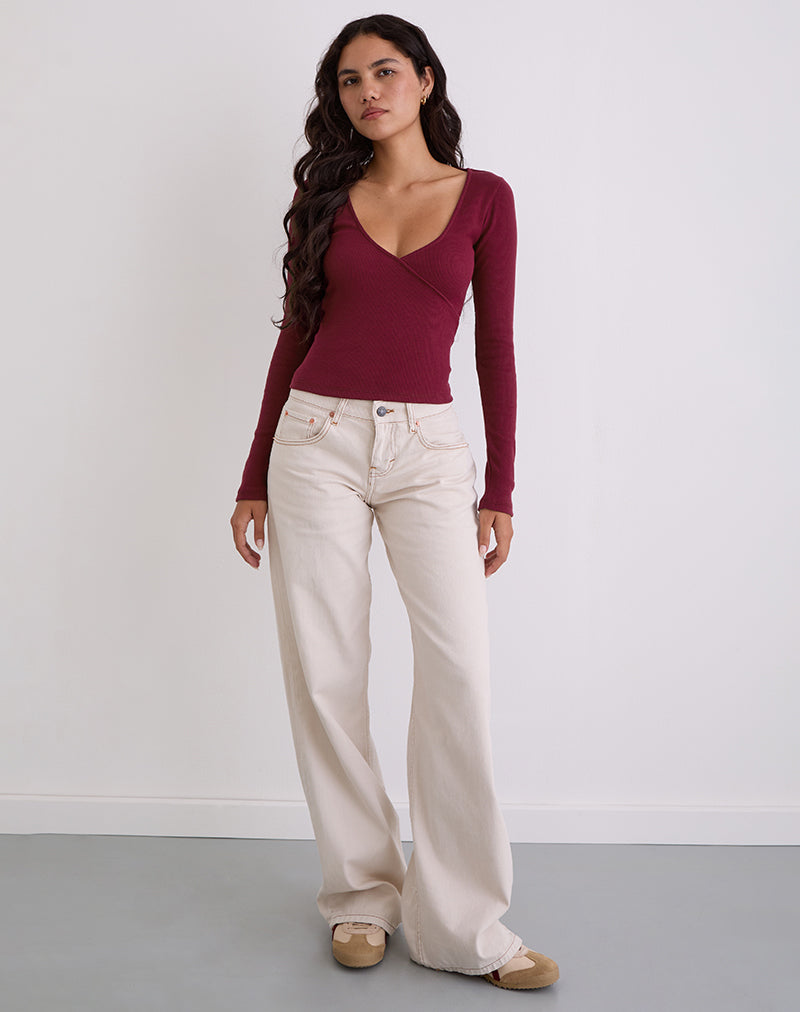 Image de Dulcet Ribbed Plunge Long Sleeve Top in Burgundy