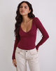 Image de Dulcet Ribbed Plunge Long Sleeve Top in Burgundy