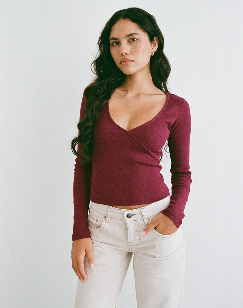 Image de Dulcet Ribbed Plunge Long Sleeve Top in Burgundy