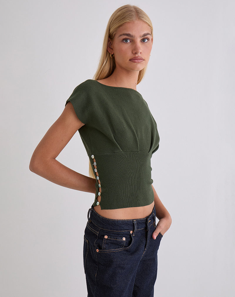 Elin Top in Knit Khaki with Pearl Buttons