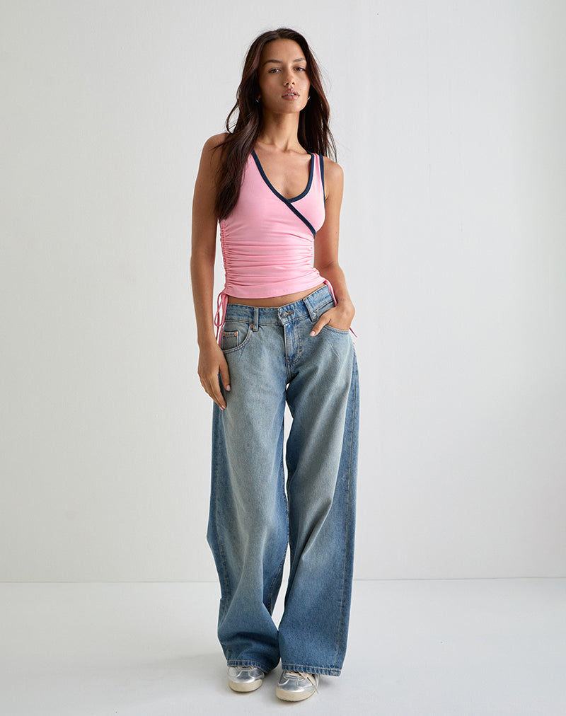 Image of Laird Wrap Top in Ballet Pink with Navy Binding
