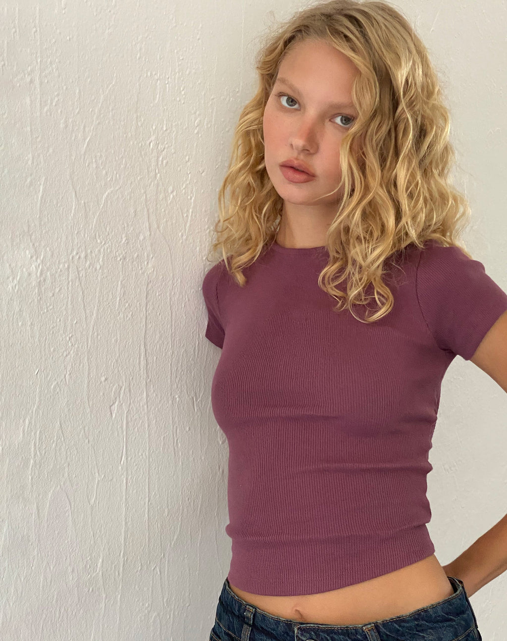 Elyto Ribbed Open Back Tee in Mauve