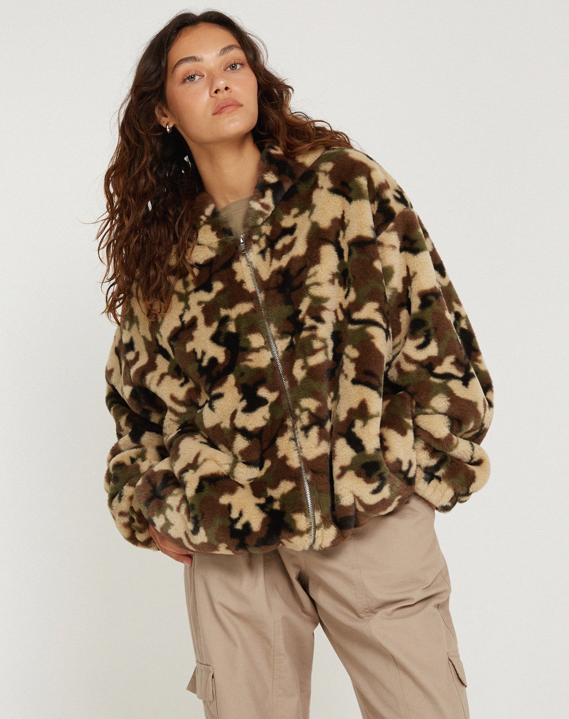 Image de Emerson Faux Fur Jacket in Camo Brown Pebble