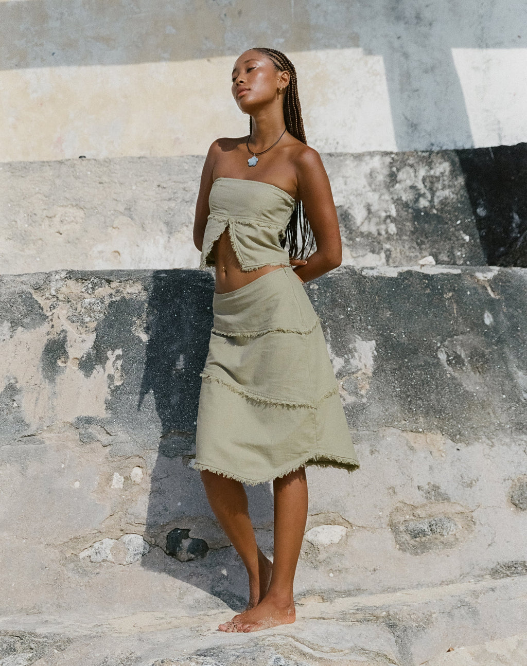 Jupe midi asymétrique Ralna, lin, vert ardoise