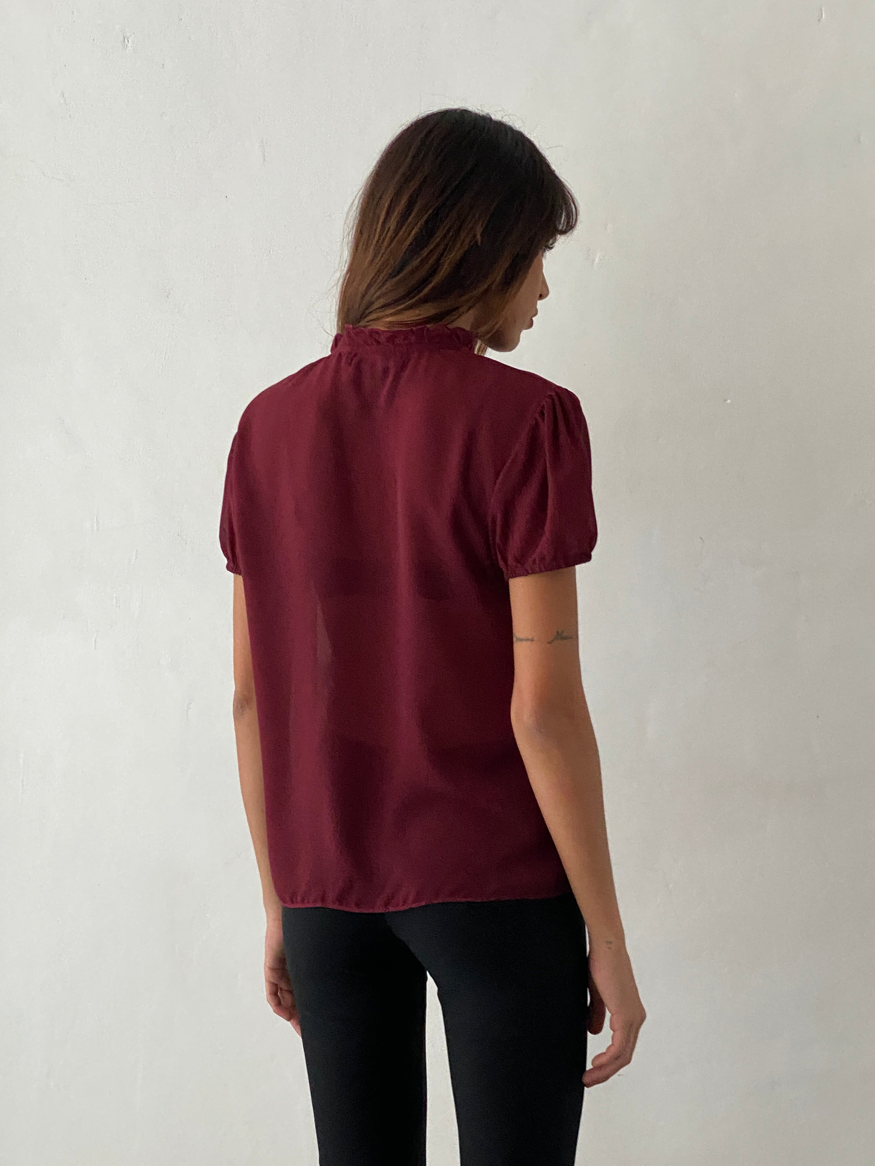 Image of Enzo High Neck Blouse in Oxblood Chiffon