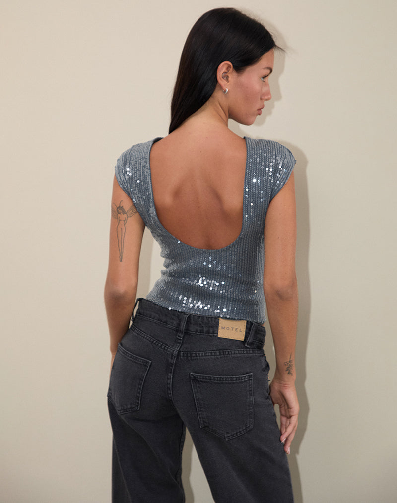 Erika Low Back Top in Shimmer Sequin Charcoal (Haut du dos Erika en paillettes chatoyantes)