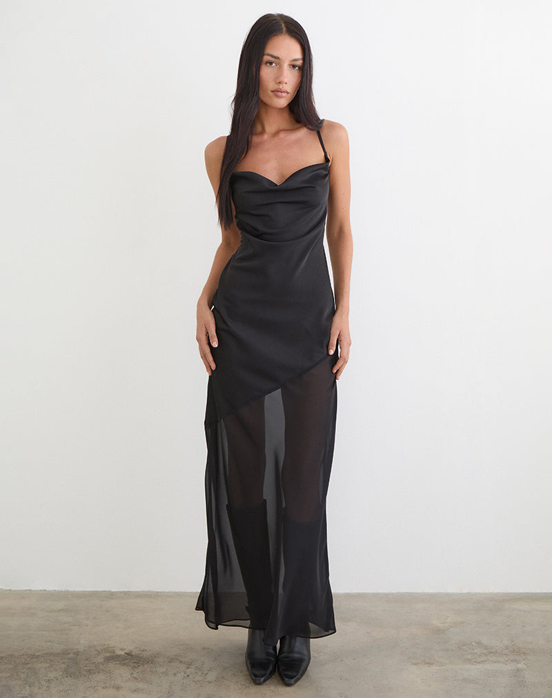 Image de la robe longue Eshara en satin chiffon noir