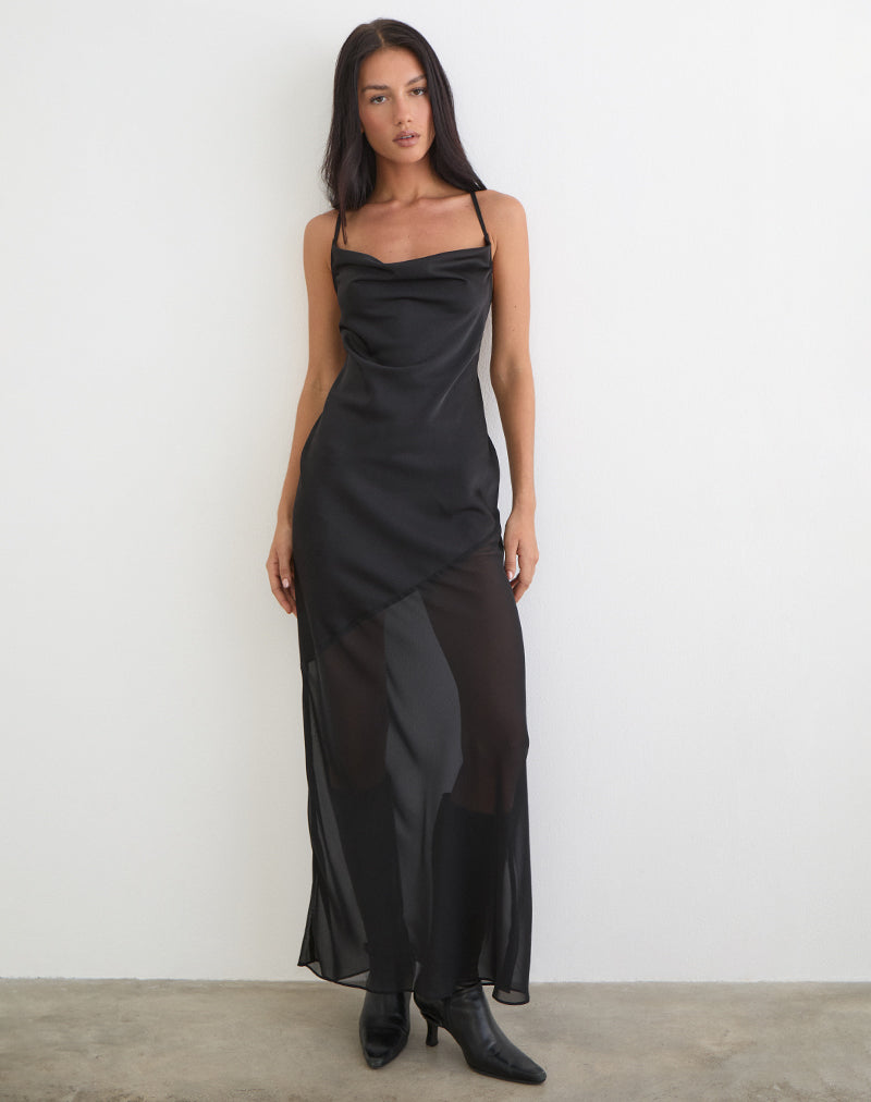 Robe longue Eshara en satin chiffon noir