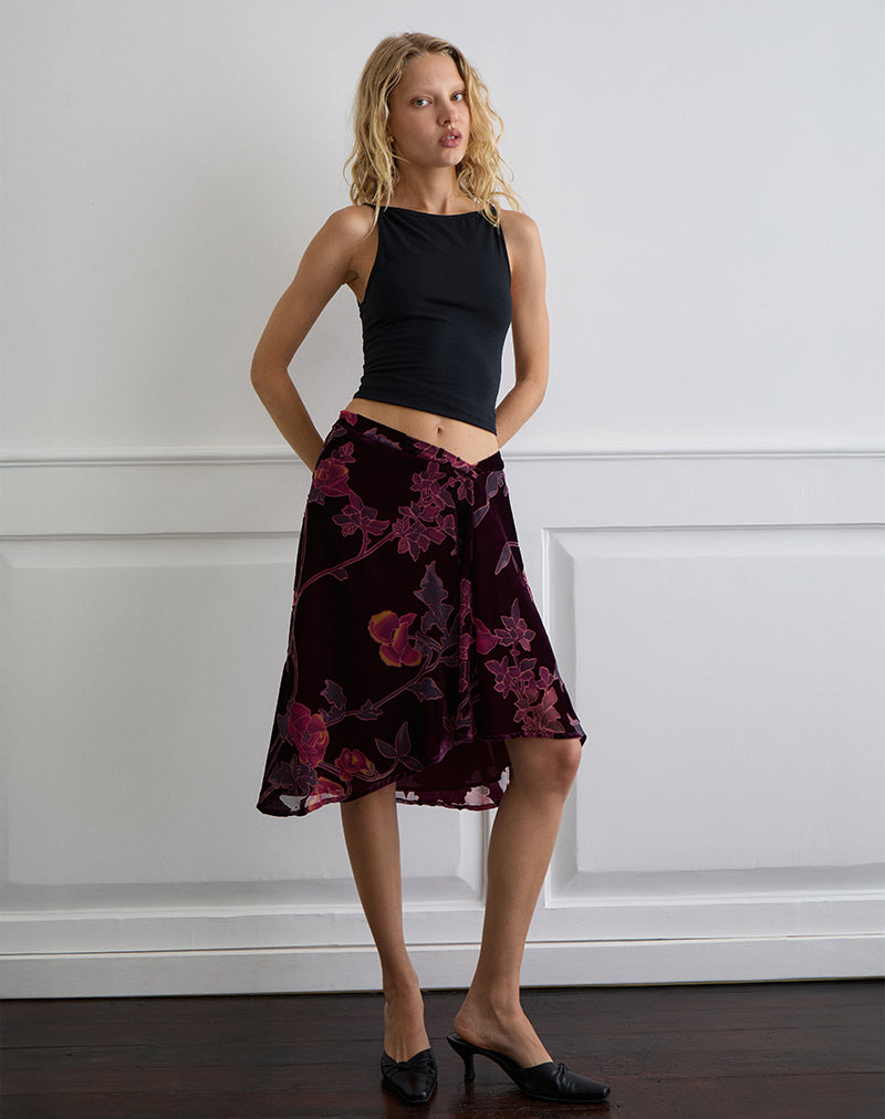 Image of Esti Midi Skirt in Floral Devore Burgundy