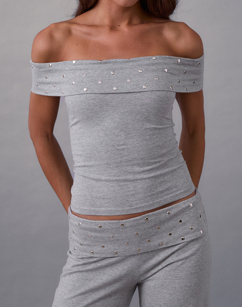 Eulala Bardot Top in Studded Grey Marl (Top bardot Eulala en gris marron clouté)